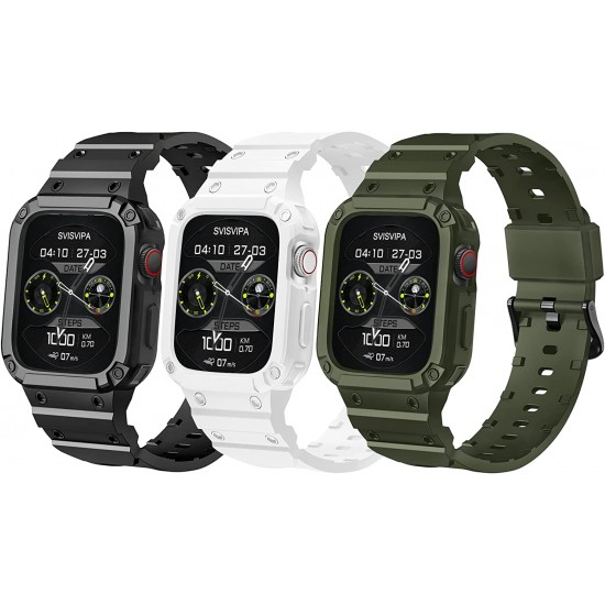 2 Pack Watch Band with Bumper Case Compatible for Apple Watch 45mm 44mm 42mm iWatch Series 8 7 6 5 SE 4 3 2 1 SE Strap, Men Sport Rugged Shockproof Military Replacement Wristband
