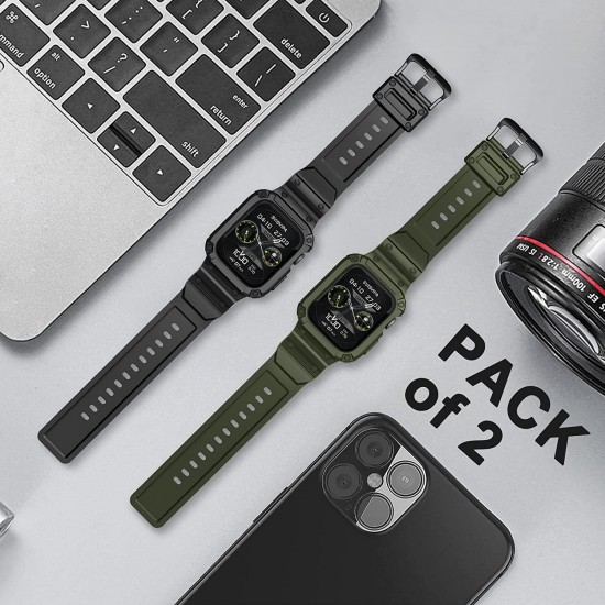 2 Pack Watch Band with Bumper Case Compatible for Apple Watch 45mm 44mm 42mm iWatch Series 8 7 6 5 SE 4 3 2 1 SE Strap, Men Sport Rugged Shockproof Military Replacement Wristband 2 Pack Watch Band with Bumper Case Compatible for Apple Watch 45mm 44mm 42mm iWatch Series 8 7 6 5 SE 4 3 2 1 SE Strap, Men Sport Rugged Shockproof Military Replacement Wristband
