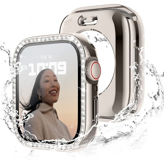 2 in 1 Waterproof Bling Case Compatible for Apple Watch Ultra Series 8 7 6 5 4 SE with Tempered Glass Screen Protector, Women Glitter Diamond Rhinestone Bumper 360 Protective Hard PC Cover for iWatch