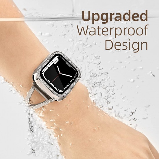 2 in 1 Waterproof Bling Case Compatible for Apple Watch Ultra Series 8 7 6 5 4 SE with Tempered Glass Screen Protector, Women Glitter Diamond Rhinestone Bumper 360 Protective Hard PC Cover for iWatch