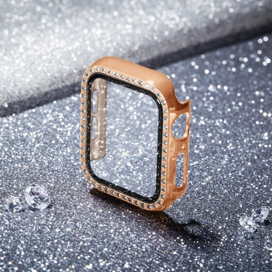 2 in 1 Waterproof Bling Case Compatible for Apple Watch Ultra Series 8 7 6 5 4 SE with Tempered Glass Screen Protector, Women Glitter Diamond Rhinestone Bumper 360 Protective Hard PC Cover for iWatch