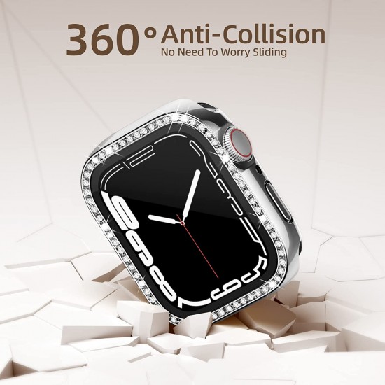 2 in 1 Waterproof Bling Case Compatible for Apple Watch Ultra Series 8 7 6 5 4 SE with Tempered Glass Screen Protector, Women Glitter Diamond Rhinestone Bumper 360 Protective Hard PC Cover for iWatch
