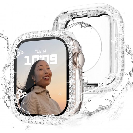 2 in 1 Waterproof Bling Case Compatible for Apple Watch Ultra Series 8 7 6 5 4 SE with Tempered Glass Screen Protector, Women Glitter Diamond Rhinestone Bumper 360 Protective Hard PC Cover for iWatch