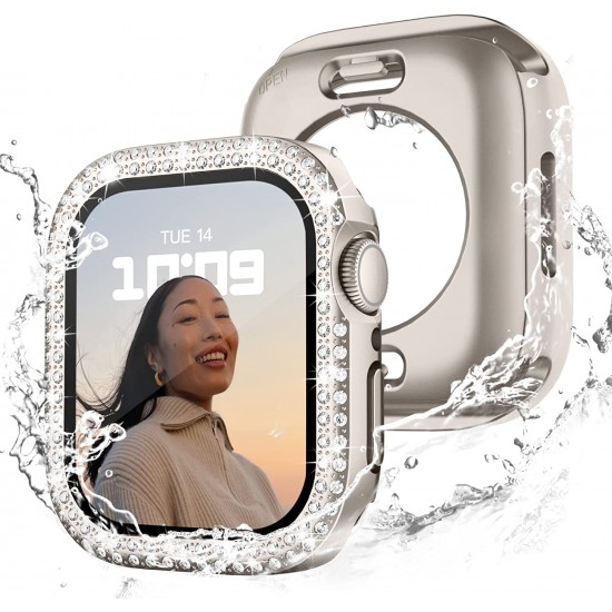 2 in 1 Waterproof Bling Case Compatible for Apple Watch Ultra Series 8 7 6 5 4 SE with Tempered Glass Screen Protector, Women Glitter Diamond Rhinestone Bumper 360 Protective Hard PC Cover for iWatch