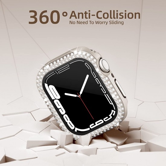 2 in 1 Waterproof Bling Case Compatible for Apple Watch Ultra Series 8 7 6 5 4 SE with Tempered Glass Screen Protector, Women Glitter Diamond Rhinestone Bumper 360 Protective Hard PC Cover for iWatch