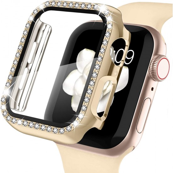 2 in 1 Waterproof Bling Case Compatible for Apple Watch Ultra Series 8 7 6 5 4 SE with Tempered Glass Screen Protector, Women Glitter Diamond Rhinestone Bumper 360 Protective Hard PC Cover for iWatch