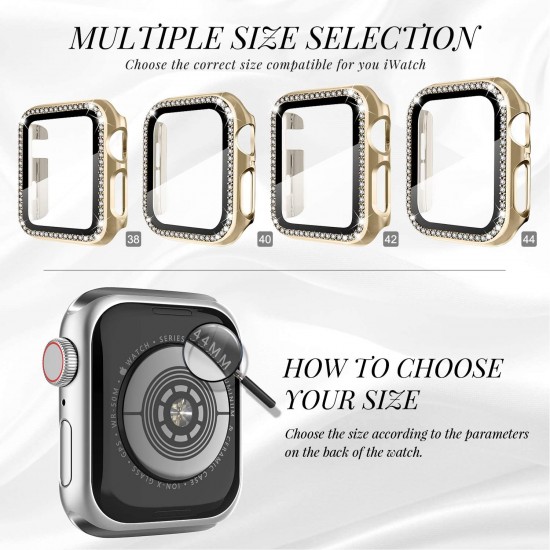 2 in 1 Waterproof Bling Case Compatible for Apple Watch Ultra Series 8 7 6 5 4 SE with Tempered Glass Screen Protector, Women Glitter Diamond Rhinestone Bumper 360 Protective Hard PC Cover for iWatch