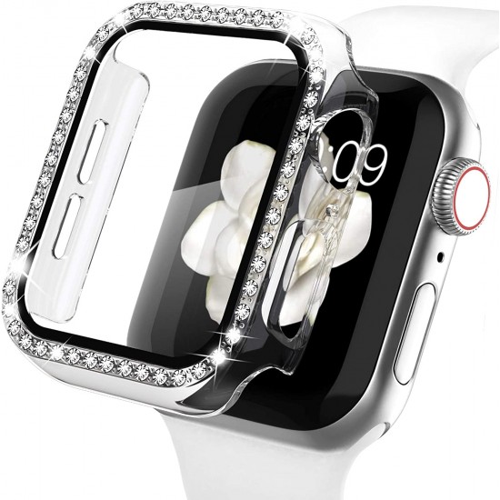2 in 1 Waterproof Bling Case Compatible for Apple Watch Ultra Series 8 7 6 5 4 SE with Tempered Glass Screen Protector, Women Glitter Diamond Rhinestone Bumper 360 Protective Hard PC Cover for iWatch