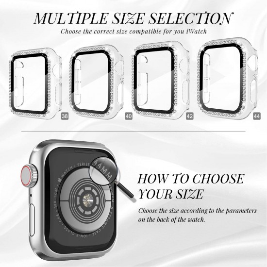 2 in 1 Waterproof Bling Case Compatible for Apple Watch Ultra Series 8 7 6 5 4 SE with Tempered Glass Screen Protector, Women Glitter Diamond Rhinestone Bumper 360 Protective Hard PC Cover for iWatch