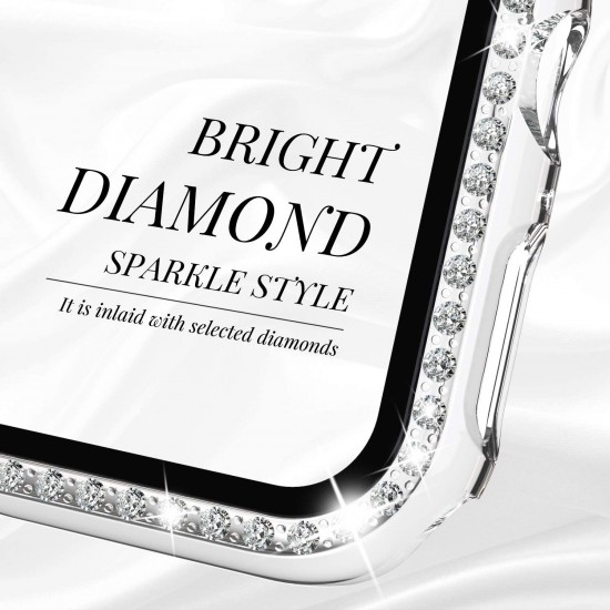 2 in 1 Waterproof Bling Case Compatible for Apple Watch Ultra Series 8 7 6 5 4 SE with Tempered Glass Screen Protector, Women Glitter Diamond Rhinestone Bumper 360 Protective Hard PC Cover for iWatch