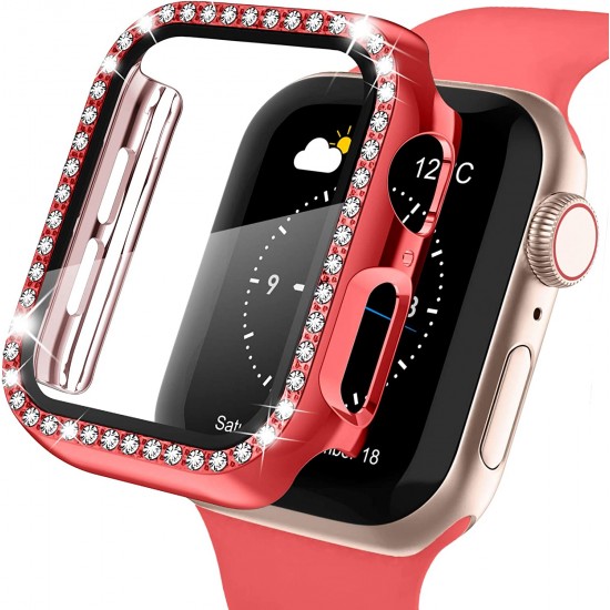 2 in 1 Waterproof Bling Case Compatible for Apple Watch Ultra Series 8 7 6 5 4 SE with Tempered Glass Screen Protector, Women Glitter Diamond Rhinestone Bumper 360 Protective Hard PC Cover for iWatch