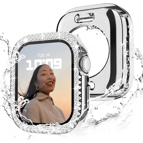 2 in 1 Waterproof Bling Case Compatible for Apple Watch Ultra Series 8 7 6 5 4 SE with Tempered Glass Screen Protector, Women Glitter Diamond Rhinestone Bumper 360 Protective Hard PC Cover for iWatch
