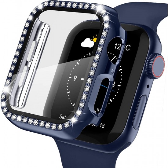 2 in 1 Waterproof Bling Case Compatible for Apple Watch Ultra Series 8 7 6 5 4 SE with Tempered Glass Screen Protector, Women Glitter Diamond Rhinestone Bumper 360 Protective Hard PC Cover for iWatch