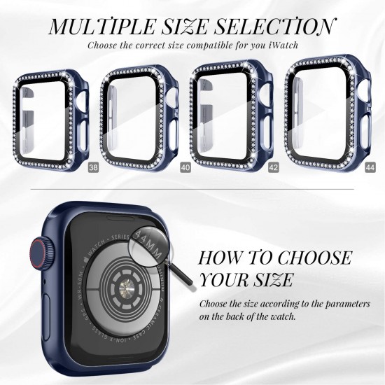2 in 1 Waterproof Bling Case Compatible for Apple Watch Ultra Series 8 7 6 5 4 SE with Tempered Glass Screen Protector, Women Glitter Diamond Rhinestone Bumper 360 Protective Hard PC Cover for iWatch