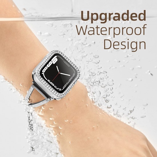 2 in 1 Waterproof Bling Case Compatible for Apple Watch Ultra Series 8 7 6 5 4 SE with Tempered Glass Screen Protector, Women Glitter Diamond Rhinestone Bumper 360 Protective Hard PC Cover for iWatch