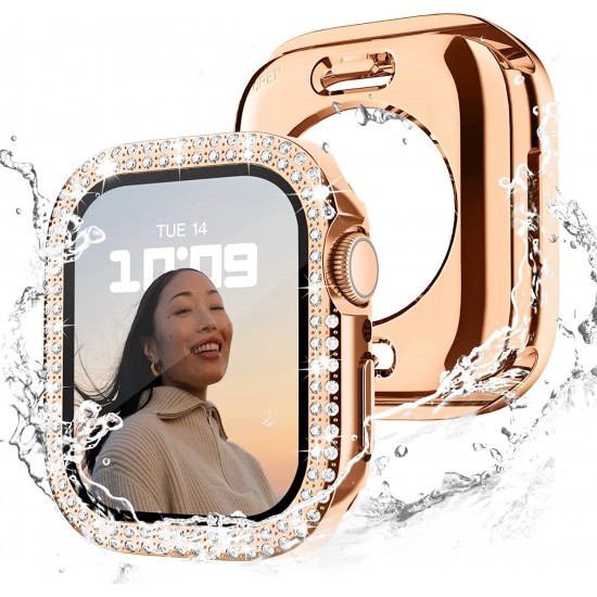 2 in 1 Waterproof Bling Case Compatible for Apple Watch Ultra Series 8 7 6 5 4 SE with Tempered Glass Screen Protector, Women Glitter Diamond Rhinestone Bumper 360 Protective Hard PC Cover for iWatch