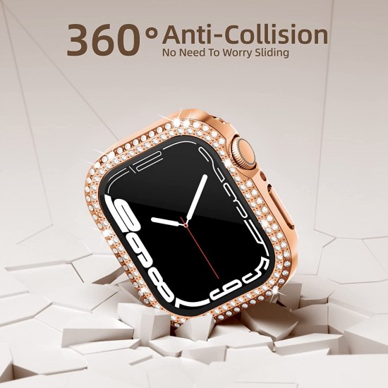 2 in 1 Waterproof Bling Case Compatible for Apple Watch Ultra Series 8 7 6 5 4 SE with Tempered Glass Screen Protector, Women Glitter Diamond Rhinestone Bumper 360 Protective Hard PC Cover for iWatch
