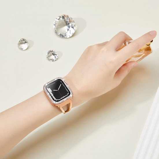 2 in 1 Waterproof Bling Case Compatible for Apple Watch Ultra Series 8 7 6 5 4 SE with Tempered Glass Screen Protector, Women Glitter Diamond Rhinestone Bumper 360 Protective Hard PC Cover for iWatch