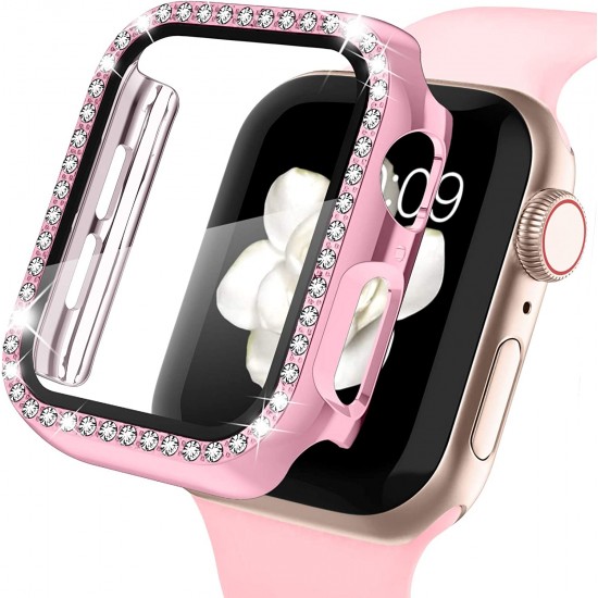 2 in 1 Waterproof Bling Case Compatible for Apple Watch Ultra Series 8 7 6 5 4 SE with Tempered Glass Screen Protector, Women Glitter Diamond Rhinestone Bumper 360 Protective Hard PC Cover for iWatch