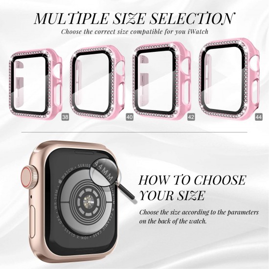 2 in 1 Waterproof Bling Case Compatible for Apple Watch Ultra Series 8 7 6 5 4 SE with Tempered Glass Screen Protector, Women Glitter Diamond Rhinestone Bumper 360 Protective Hard PC Cover for iWatch