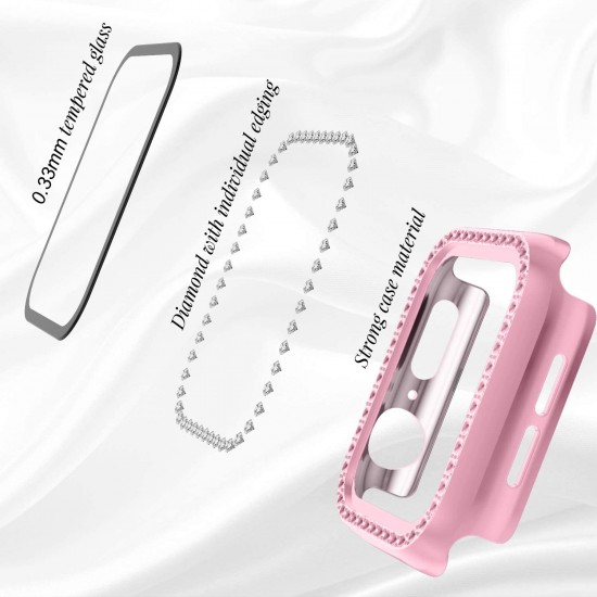 2 in 1 Waterproof Bling Case Compatible for Apple Watch Ultra Series 8 7 6 5 4 SE with Tempered Glass Screen Protector, Women Glitter Diamond Rhinestone Bumper 360 Protective Hard PC Cover for iWatch