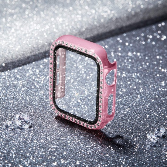 2 in 1 Waterproof Bling Case Compatible for Apple Watch Ultra Series 8 7 6 5 4 SE with Tempered Glass Screen Protector, Women Glitter Diamond Rhinestone Bumper 360 Protective Hard PC Cover for iWatch