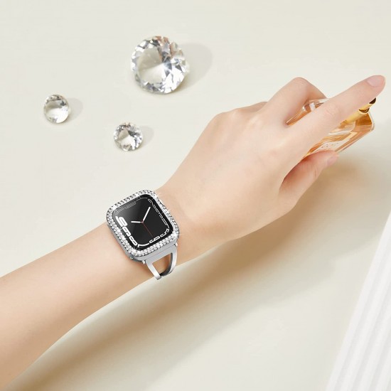 2 in 1 Waterproof Bling Case Compatible for Apple Watch Ultra Series 8 7 6 5 4 SE with Tempered Glass Screen Protector, Women Glitter Diamond Rhinestone Bumper 360 Protective Hard PC Cover for iWatch
