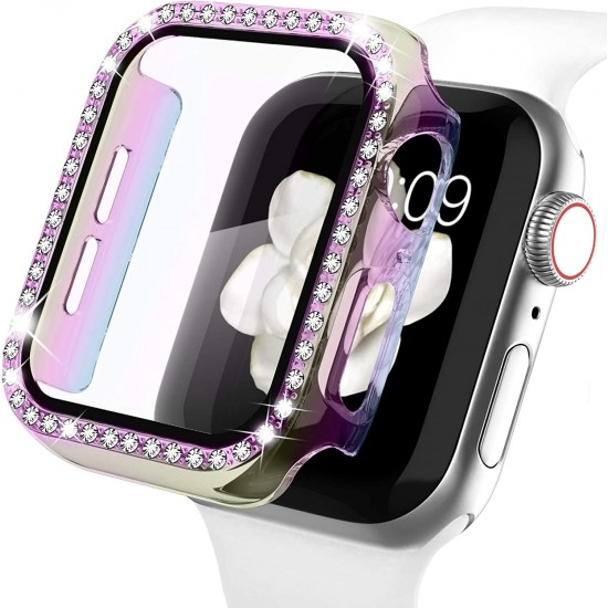 2 in 1 Waterproof Bling Case Compatible for Apple Watch Ultra Series 8 7 6 5 4 SE with Tempered Glass Screen Protector, Women Glitter Diamond Rhinestone Bumper 360 Protective Hard PC Cover for iWatch