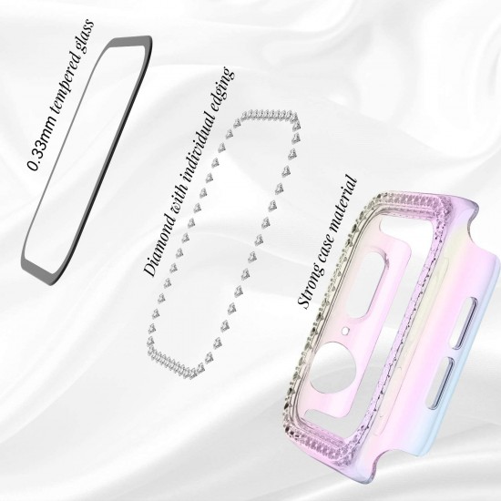 2 in 1 Waterproof Bling Case Compatible for Apple Watch Ultra Series 8 7 6 5 4 SE with Tempered Glass Screen Protector, Women Glitter Diamond Rhinestone Bumper 360 Protective Hard PC Cover for iWatch