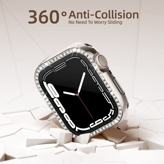 2 in 1 Waterproof Bling Case Compatible for Apple Watch Ultra Series 8 7 6 5 4 SE with Tempered Glass Screen Protector, Women Glitter Diamond Rhinestone Bumper 360 Protective Hard PC Cover for iWatch