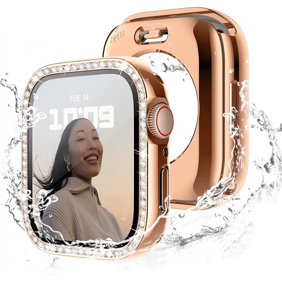 2 in 1 Waterproof Bling Case Compatible for Apple Watch Ultra Series 8 7 6 5 4 SE with Tempered Glass Screen Protector, Women Glitter Diamond Rhinestone Bumper 360 Protective Hard PC Cover for iWatch
