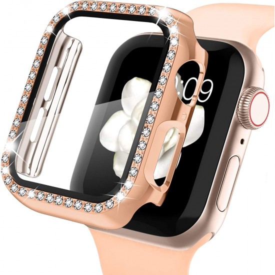 2 in 1 Waterproof Bling Case Compatible for Apple Watch Ultra Series 8 7 6 5 4 SE with Tempered Glass Screen Protector, Women Glitter Diamond Rhinestone Bumper 360 Protective Hard PC Cover for iWatch