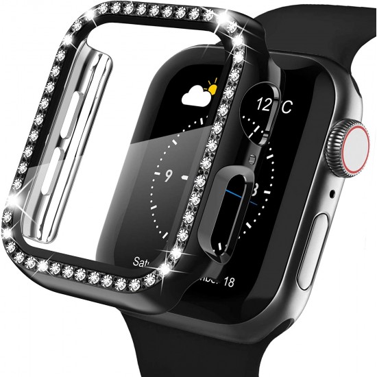 2 in 1 Waterproof Bling Case Compatible for Apple Watch Ultra Series 8 7 6 5 4 SE with Tempered Glass Screen Protector, Women Glitter Diamond Rhinestone Bumper 360 Protective Hard PC Cover for iWatch