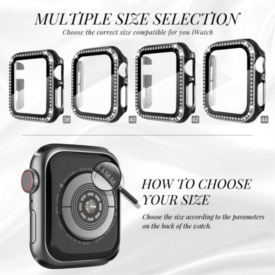 2 in 1 Waterproof Bling Case Compatible for Apple Watch Ultra Series 8 7 6 5 4 SE with Tempered Glass Screen Protector, Women Glitter Diamond Rhinestone Bumper 360 Protective Hard PC Cover for iWatch