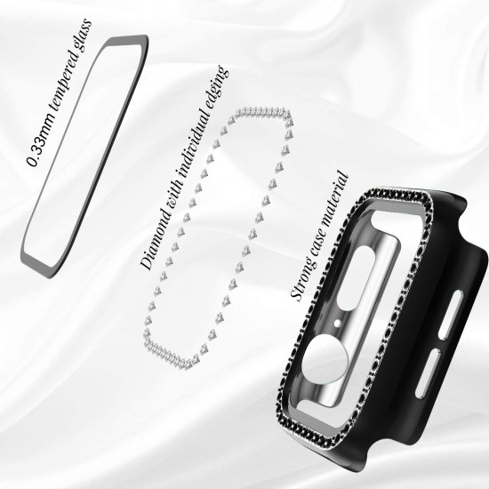 2 in 1 Waterproof Bling Case Compatible for Apple Watch Ultra Series 8 7 6 5 4 SE with Tempered Glass Screen Protector, Women Glitter Diamond Rhinestone Bumper 360 Protective Hard PC Cover for iWatch