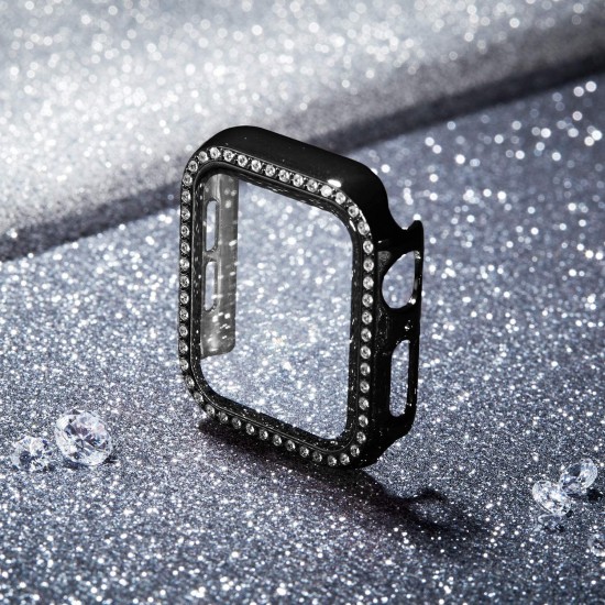 2 in 1 Waterproof Bling Case Compatible for Apple Watch Ultra Series 8 7 6 5 4 SE with Tempered Glass Screen Protector, Women Glitter Diamond Rhinestone Bumper 360 Protective Hard PC Cover for iWatch