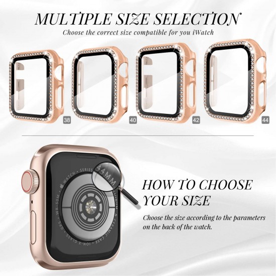 2 in 1 Waterproof Bling Case Compatible for Apple Watch Ultra Series 8 7 6 5 4 SE with Tempered Glass Screen Protector, Women Glitter Diamond Rhinestone Bumper 360 Protective Hard PC Cover for iWatch