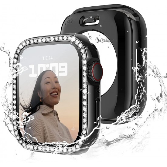 2 in 1 Waterproof Bling Case Compatible for Apple Watch Ultra Series 8 7 6 5 4 SE with Tempered Glass Screen Protector, Women Glitter Diamond Rhinestone Bumper 360 Protective Hard PC Cover for iWatch