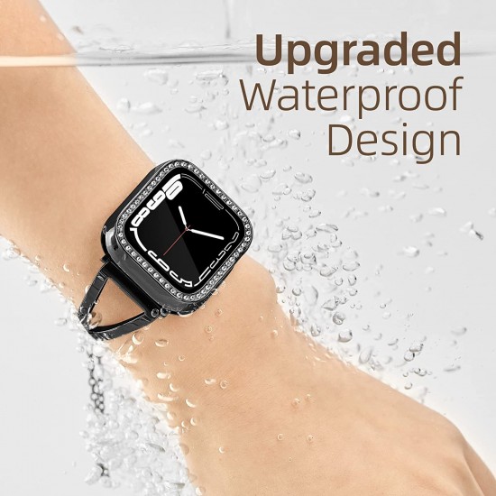 2 in 1 Waterproof Bling Case Compatible for Apple Watch Ultra Series 8 7 6 5 4 SE with Tempered Glass Screen Protector, Women Glitter Diamond Rhinestone Bumper 360 Protective Hard PC Cover for iWatch