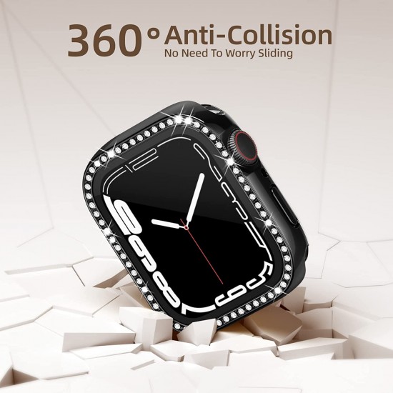 2 in 1 Waterproof Bling Case Compatible for Apple Watch Ultra Series 8 7 6 5 4 SE with Tempered Glass Screen Protector, Women Glitter Diamond Rhinestone Bumper 360 Protective Hard PC Cover for iWatch