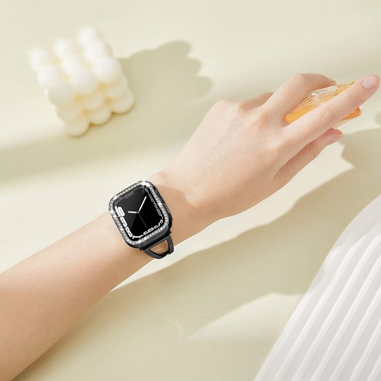 2 in 1 Waterproof Bling Case Compatible for Apple Watch Ultra Series 8 7 6 5 4 SE with Tempered Glass Screen Protector, Women Glitter Diamond Rhinestone Bumper 360 Protective Hard PC Cover for iWatch