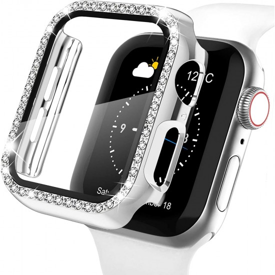 2 in 1 Waterproof Bling Case Compatible for Apple Watch Ultra Series 8 7 6 5 4 SE with Tempered Glass Screen Protector, Women Glitter Diamond Rhinestone Bumper 360 Protective Hard PC Cover for iWatch