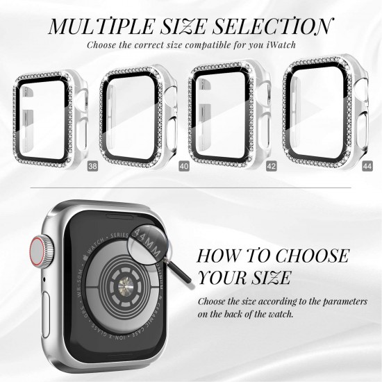 2 in 1 Waterproof Bling Case Compatible for Apple Watch Ultra Series 8 7 6 5 4 SE with Tempered Glass Screen Protector, Women Glitter Diamond Rhinestone Bumper 360 Protective Hard PC Cover for iWatch