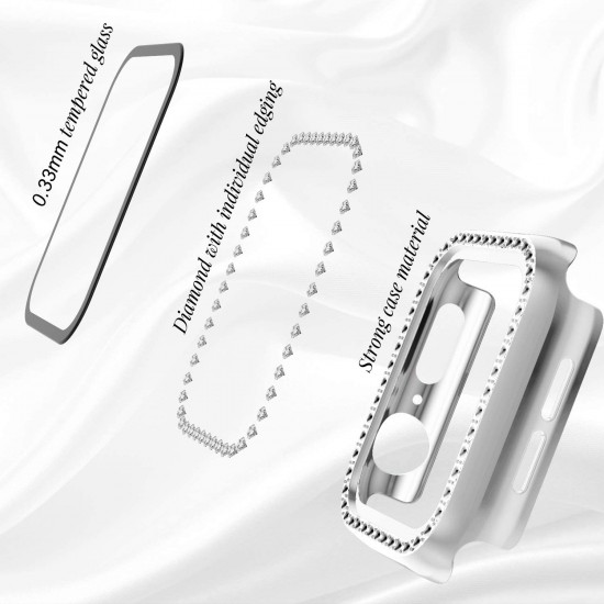 2 in 1 Waterproof Bling Case Compatible for Apple Watch Ultra Series 8 7 6 5 4 SE with Tempered Glass Screen Protector, Women Glitter Diamond Rhinestone Bumper 360 Protective Hard PC Cover for iWatch