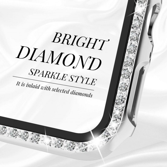 2 in 1 Waterproof Bling Case Compatible for Apple Watch Ultra Series 8 7 6 5 4 SE with Tempered Glass Screen Protector, Women Glitter Diamond Rhinestone Bumper 360 Protective Hard PC Cover for iWatch