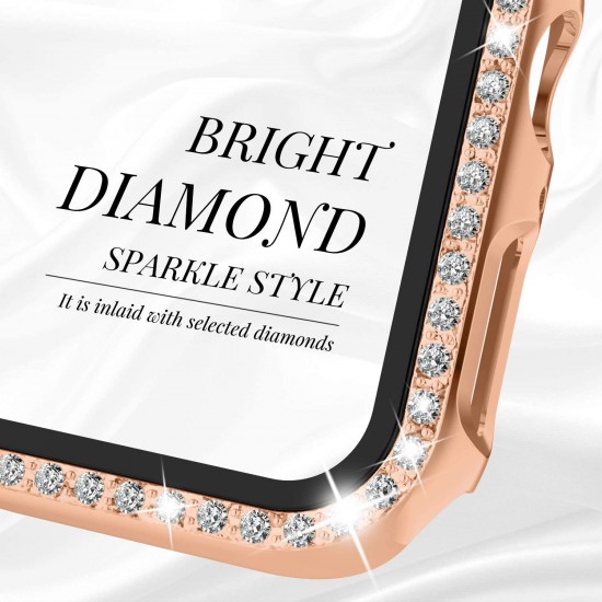 2 in 1 Waterproof Bling Case Compatible for Apple Watch Ultra Series 8 7 6 5 4 SE with Tempered Glass Screen Protector, Women Glitter Diamond Rhinestone Bumper 360 Protective Hard PC Cover for iWatch