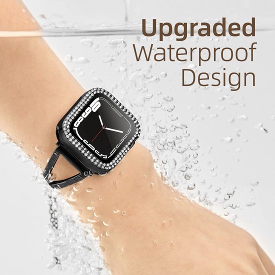 2 in 1 Waterproof Bling Case Compatible for Apple Watch Ultra Series 8 7 6 5 4 SE with Tempered Glass Screen Protector, Women Glitter Diamond Rhinestone Bumper 360 Protective Hard PC Cover for iWatch