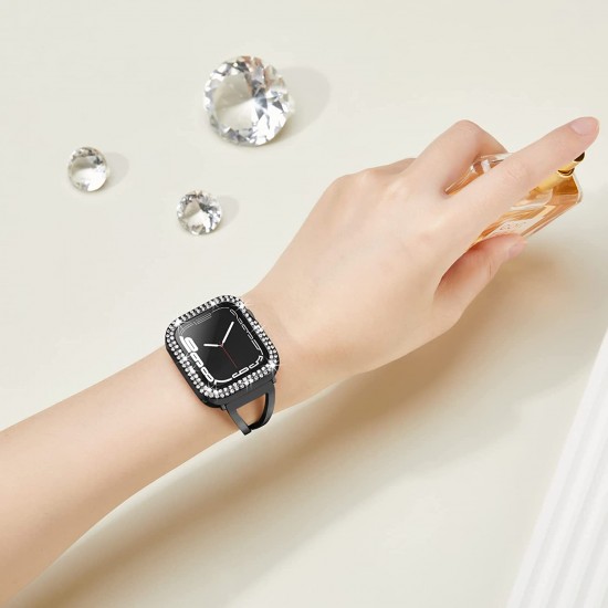2 in 1 Waterproof Bling Case Compatible for Apple Watch Ultra Series 8 7 6 5 4 SE with Tempered Glass Screen Protector, Women Glitter Diamond Rhinestone Bumper 360 Protective Hard PC Cover for iWatch