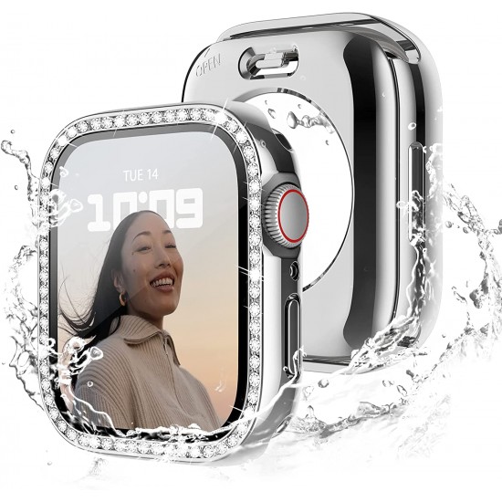 2 in 1 Waterproof Bling Case Compatible for Apple Watch Ultra Series 8 7 6 5 4 SE with Tempered Glass Screen Protector, Women Glitter Diamond Rhinestone Bumper 360 Protective Hard PC Cover for iWatch