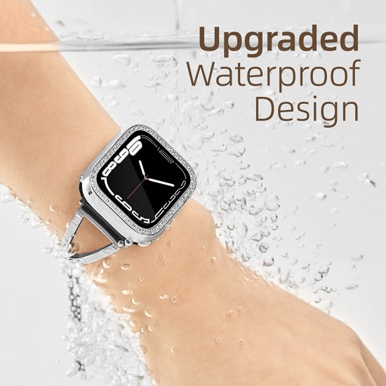 2 in 1 Waterproof Bling Case Compatible for Apple Watch Ultra Series 8 7 6 5 4 SE with Tempered Glass Screen Protector, Women Glitter Diamond Rhinestone Bumper 360 Protective Hard PC Cover for iWatch
